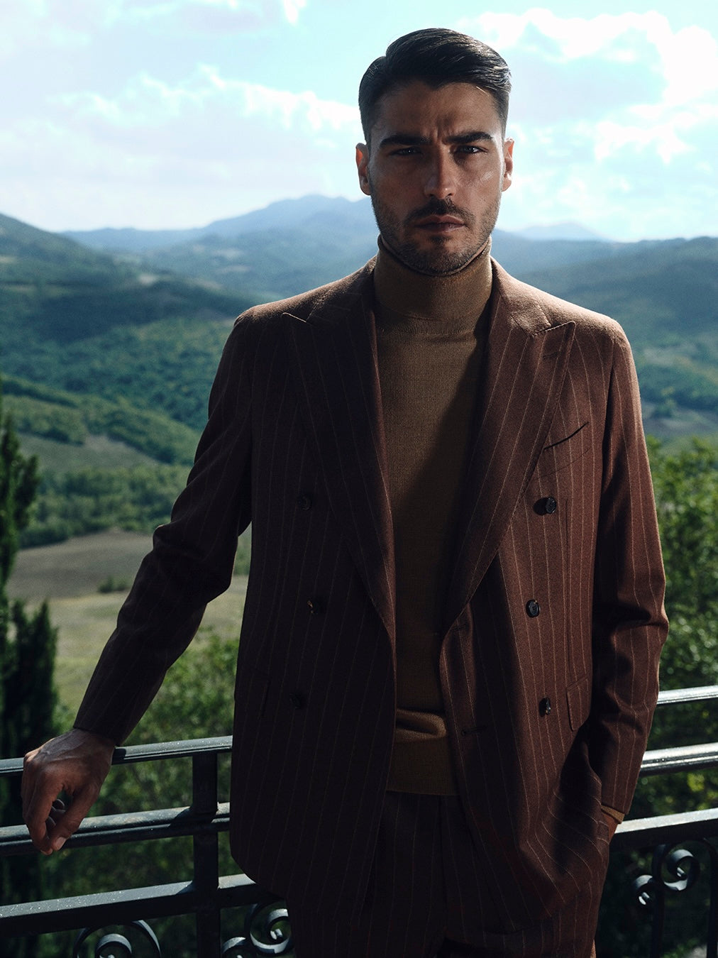 Aida double-breasted suit in brown chalk-stripe wool flannel