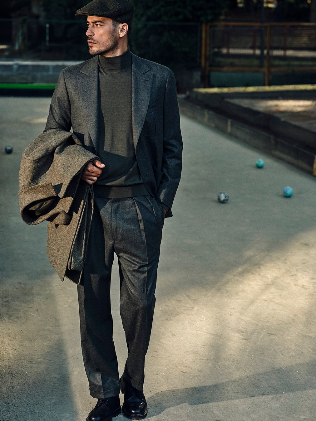 Caruso single-breasted jacket in green wool flannel