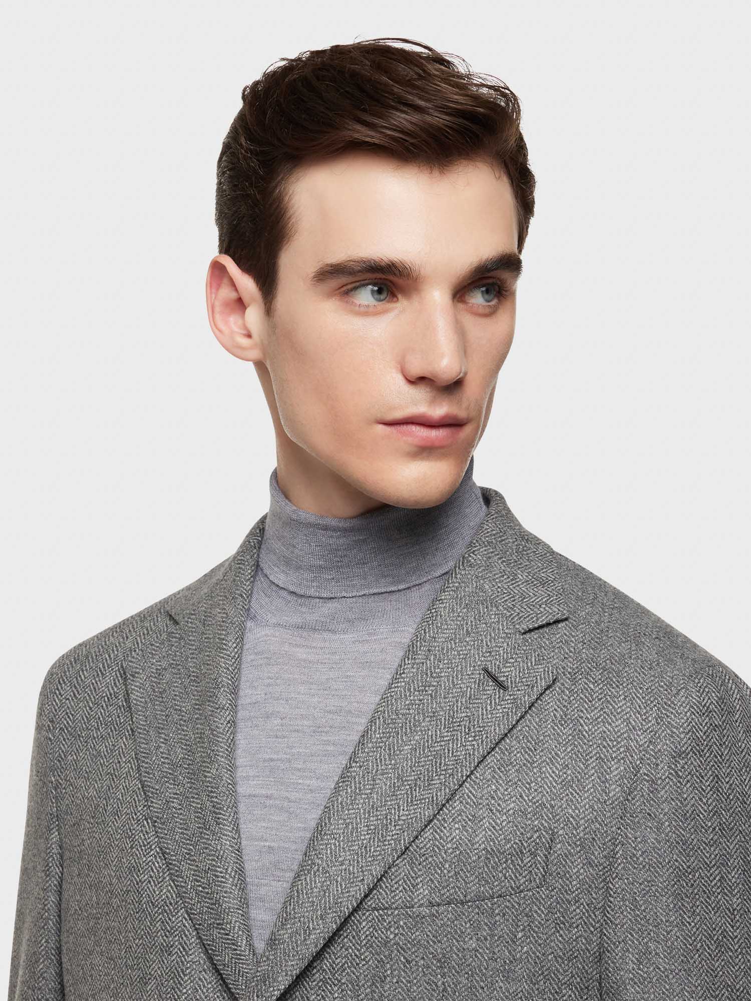 Caruso Menswear Abbigliamento Uomo Giacca aida in lana e cashmere a spina di pesce grigio chiaro dettaglio