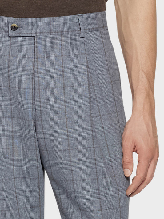 Caruso Menswear Abbigliamento Uomo Pantaloni Pantalone carrot-fit in lana zelander twist glen check azzurro look 4