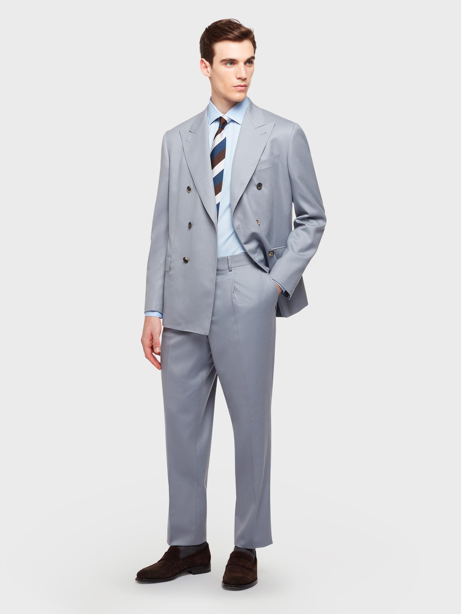 Caruso Menswear Abbigliamento Uomo Giacca norma doppiopetto in flanella di lana grigio chiaro total look
