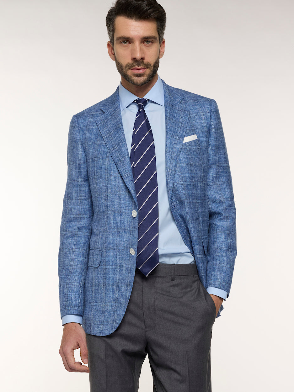 Caruso Menswear Abbigliamento Uomo Giacche Giacca macbeth in lana seta lino quadri azzurra look 6