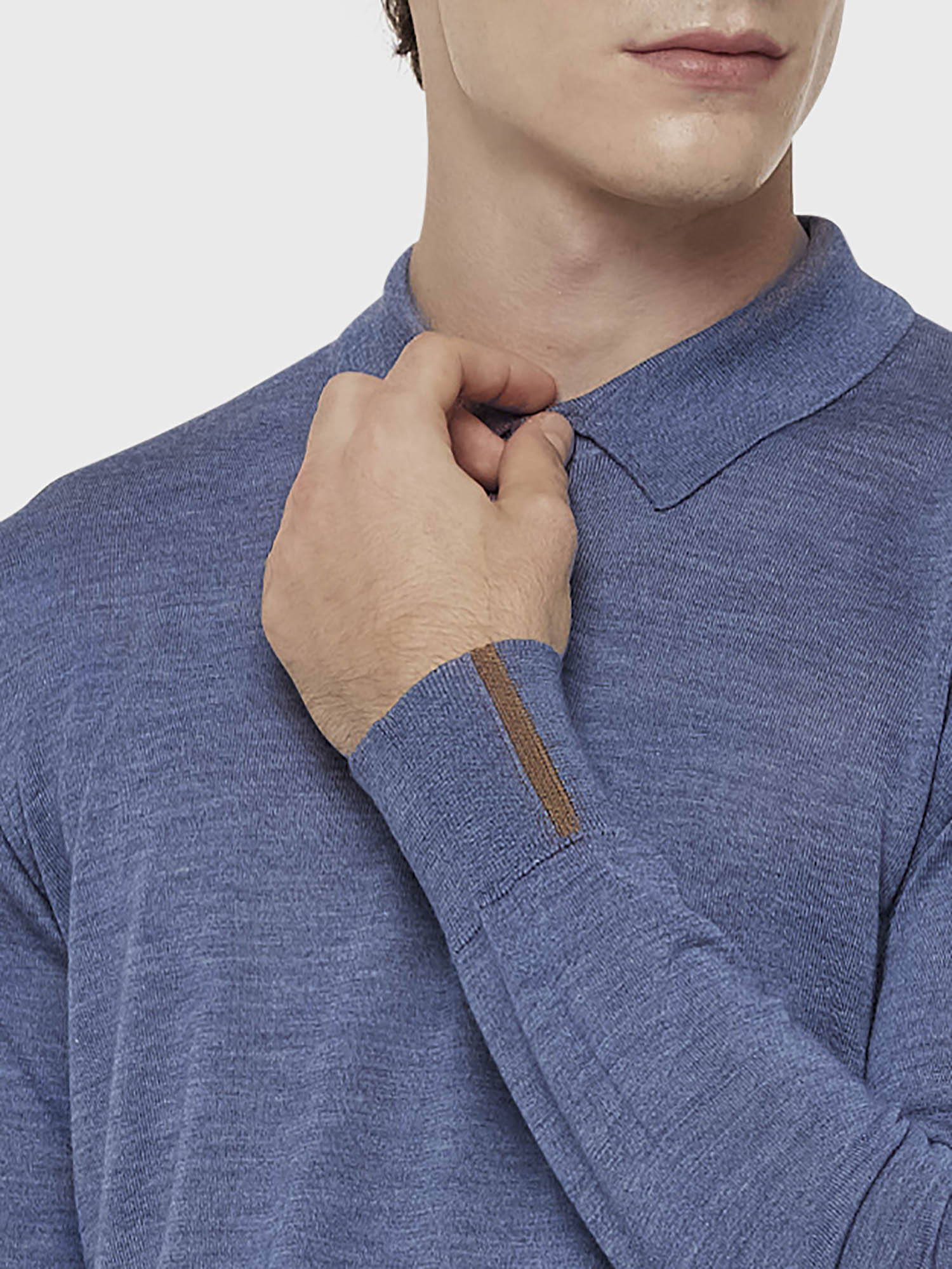 Caruso Menswear Abbigliamento Uomo Polo a maniche lunghe in lana, seta e cashmere blu chiaro dettaglio