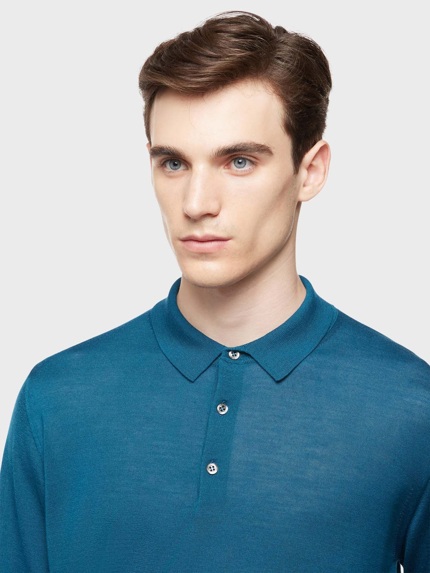 Caruso Menswear Abbigliamento Uomo Polo a maniche lunghe in lana, seta e cashmere blu petrolio dettaglio