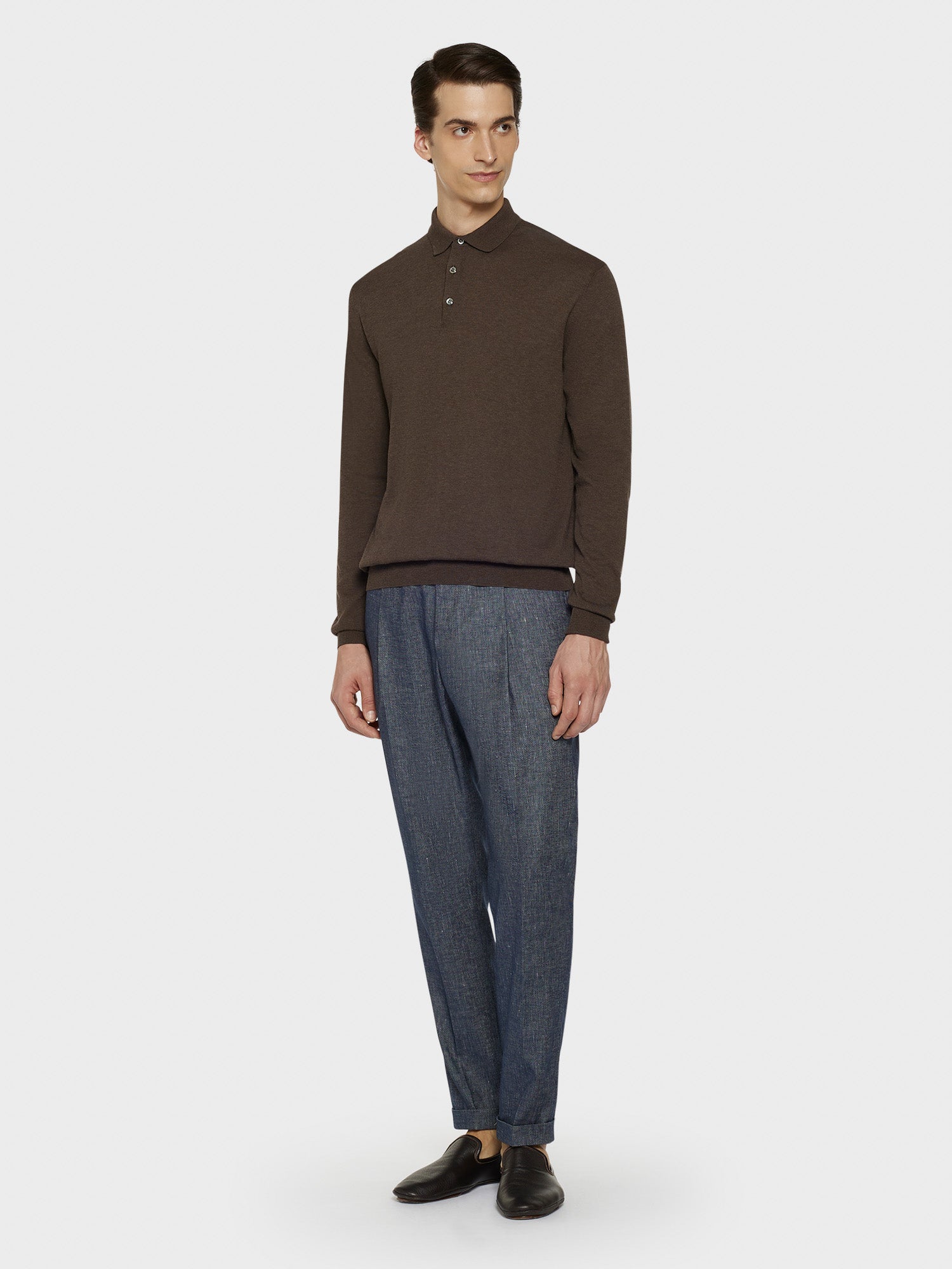 Caruso Menswear Abbigliamento Uomo Maglieria Polo a maniche lunghe in cotone marrone look 3
