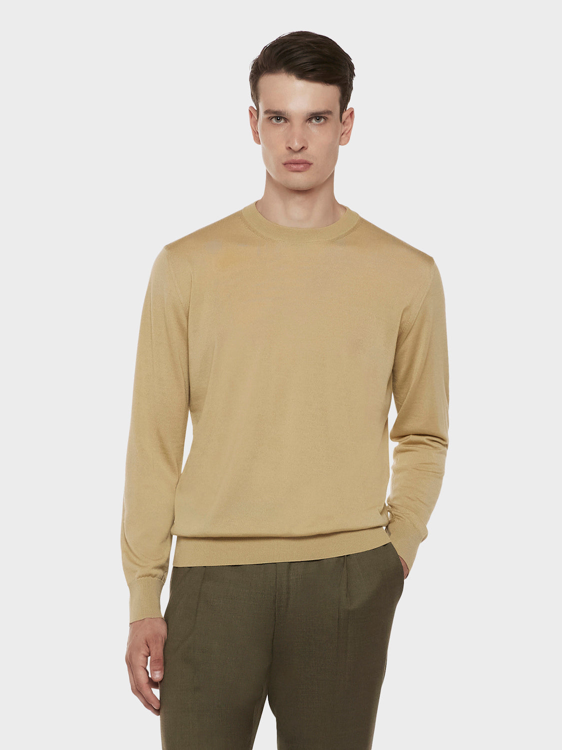 Caruso Menswear Abbigliamento Uomo Maglieria Maglia girocollo in lana, seta e cashmere beige look 1