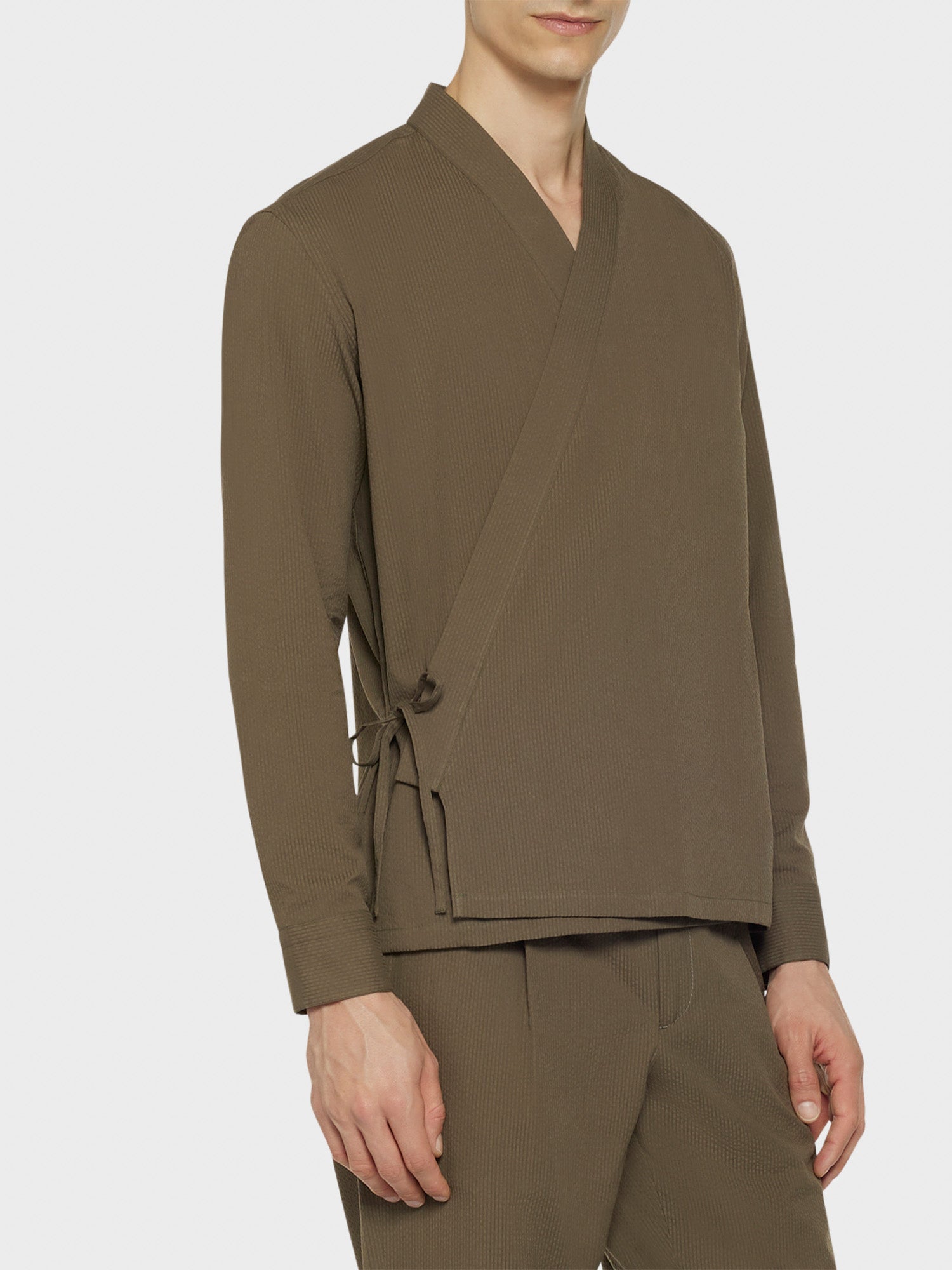 Caruso Menswear Abbigliamento Uomo Overshirt Overshirt kimono in seersucker di cotone verde look 5