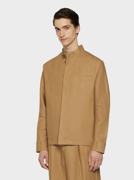 Caruso Menswear Abbigliamento Uomo Overshirt Overshirt in lino irlandese color cammello look 1