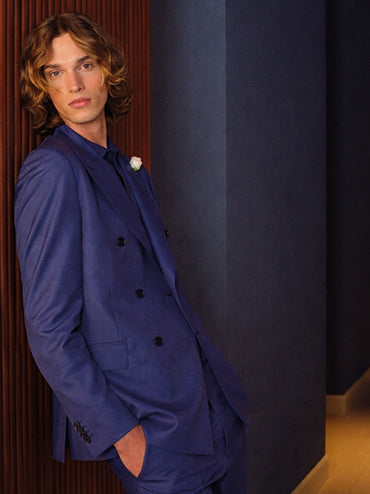 Blue double-breasted norma suit in wool and silk