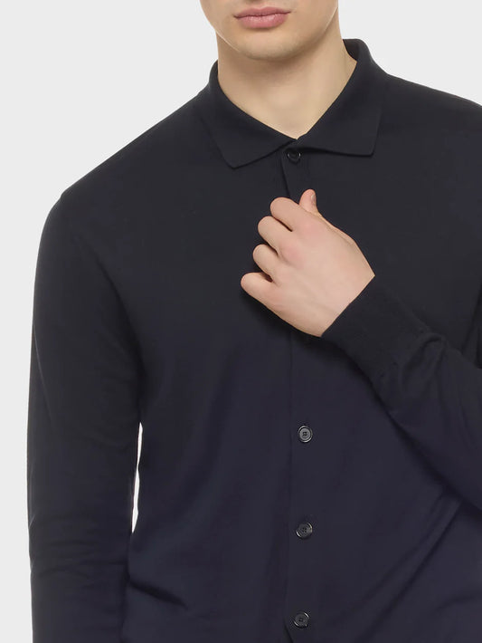 Long sleeve cardigan polo in silk and cotton blue
