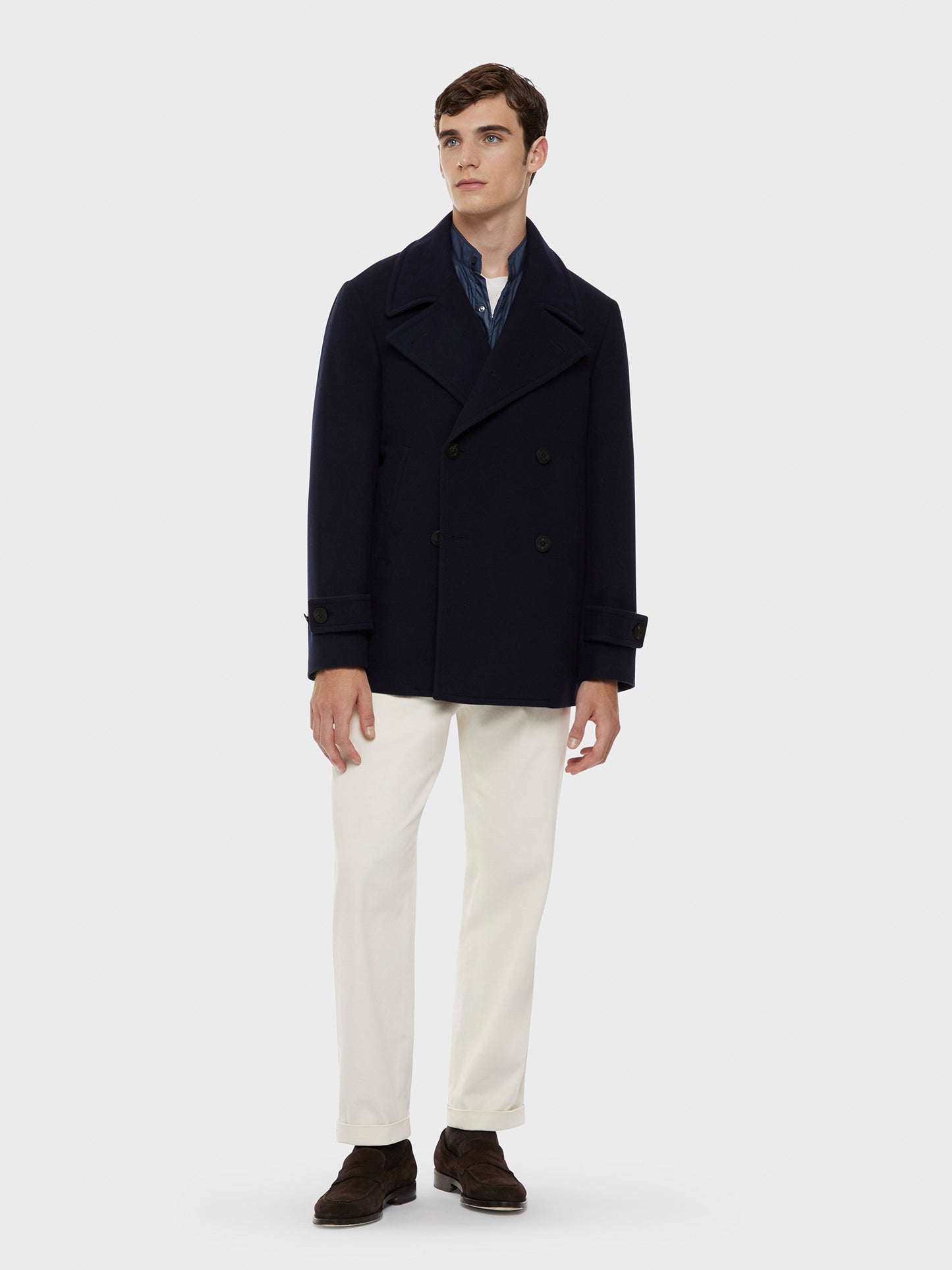 Caruso Menswear Abbigliamento Cappotto da Uomo Peacot in lana "Nuage" 180's blu total look