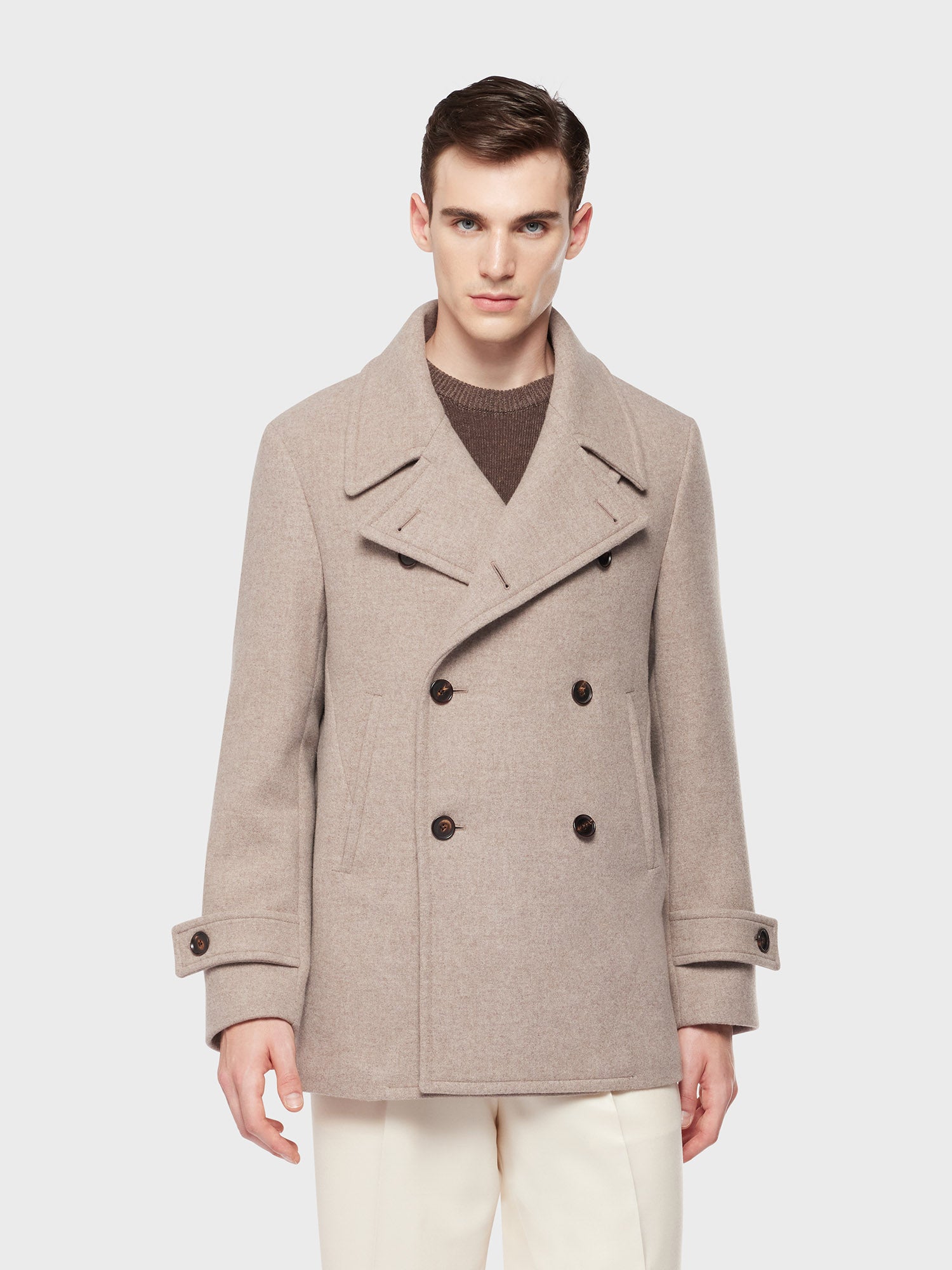 Caruso Menswear Abbigliamento Uomo Peacot in lana e cashmere double beige indossato