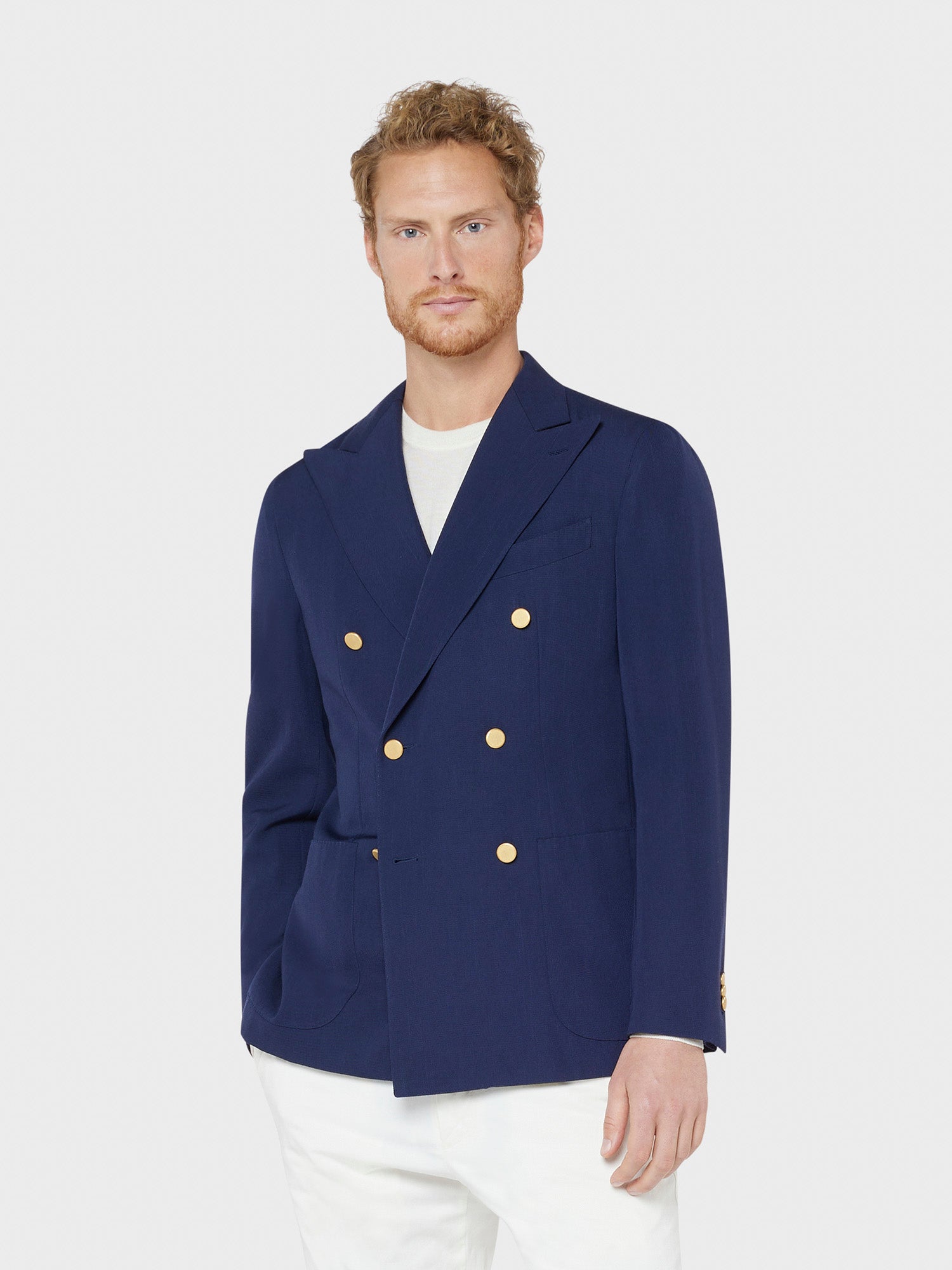 Caruso Menswear Abbigliamento Uomo Giacca Aida doppiopetto semisfoderata con rever a lancia in lana blu drop 8R indossato